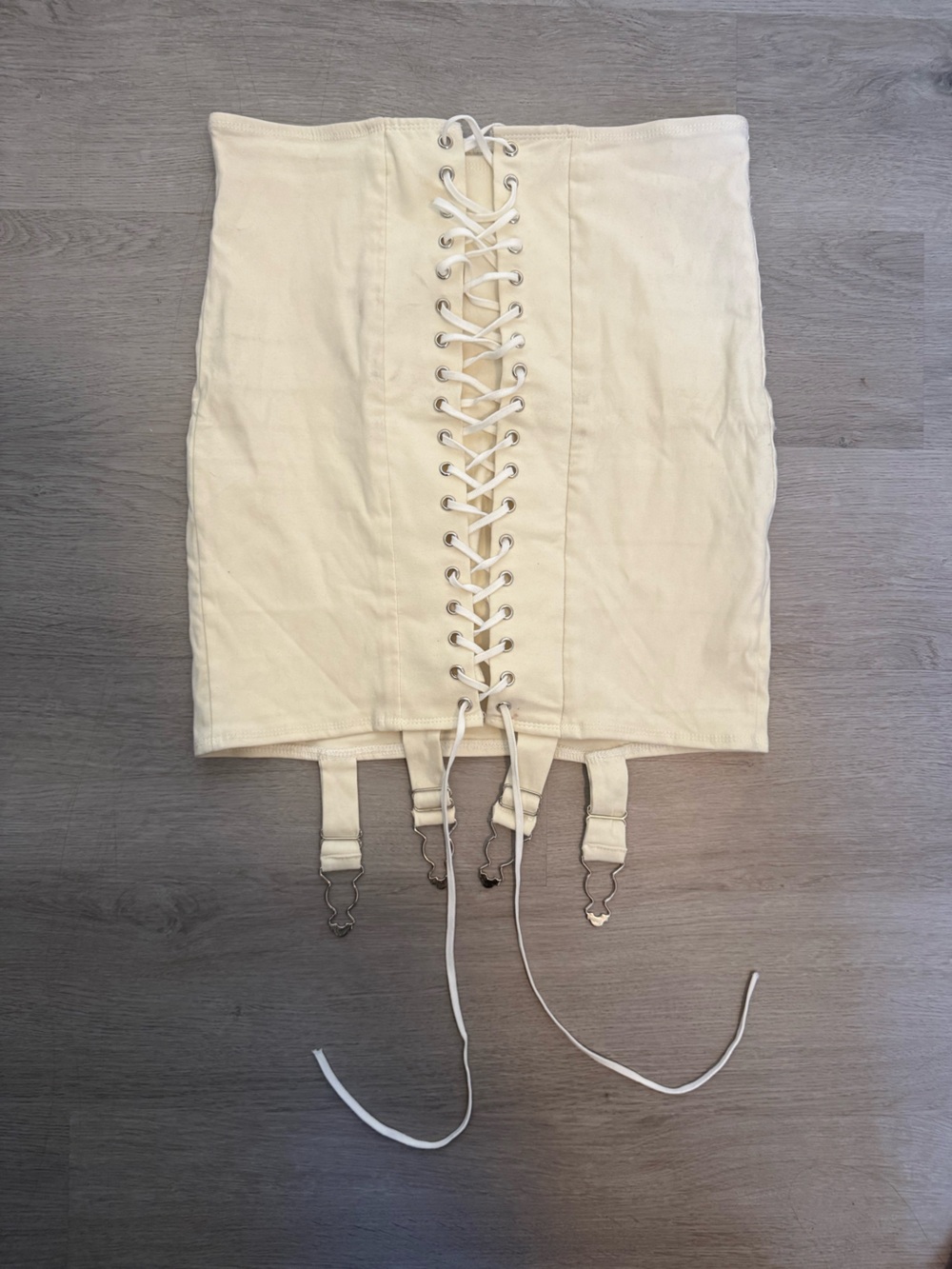 High-Waist Lace-Up Cream Pencil Skirt with Garter Details